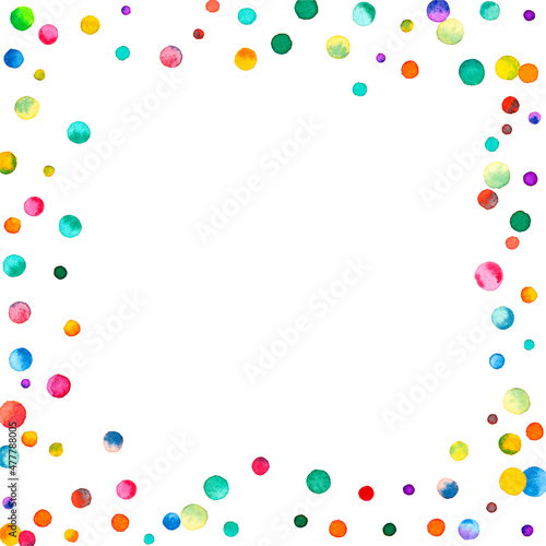 Watercolor confetti on white background. Actual rainbow colored dots. Happy celebration square colorful bright card. Popular hand painted confetti.