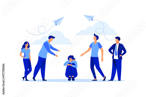 the problem of bullying, a woman sits on the floor surrounded by people mocking him. flat vector illustration 