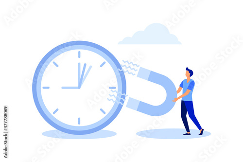 Time management, control business time or work deadline concept, smart businessman using magnet to stop clock hand metaphor of time manipulation. flat vector illustration 