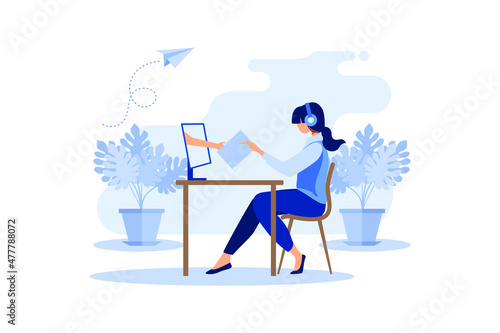 The girl is sitting at the computer. A hand comes out of the monitor. Distance learning or online school. Video conference.