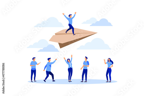 concept of reaching the goal, a man rises up on a paper plane, the people downstairs support him and rejoice flat modern design illustration