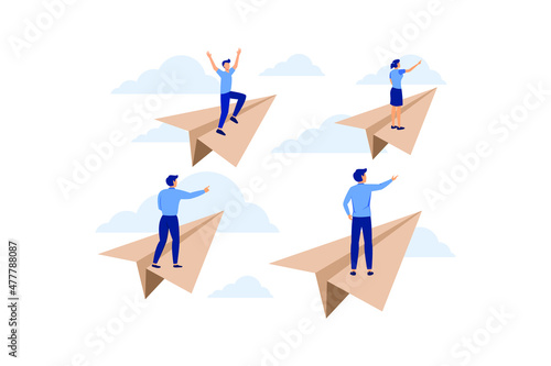 Career success, office workers flying on paper planes. Achieve success and goals in business. Colorful illustration. Career for woman or man