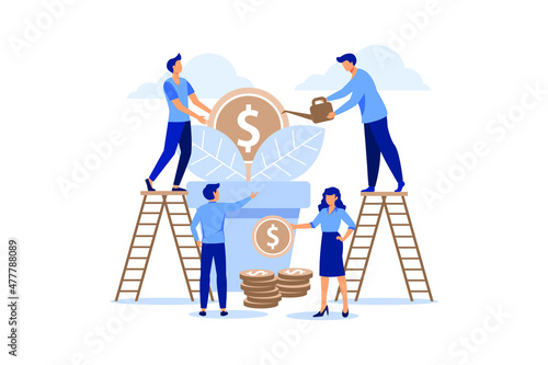 Vector creative illustration of business graphics, the company is engaged in teamwork, career growth to success, flat color icons, business analysis, cash profit, money tree