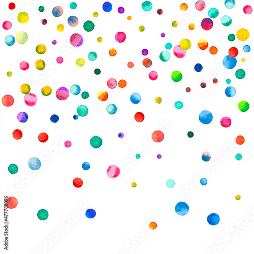 Watercolor confetti on white background. Admirable rainbow colored dots. Happy celebration square colorful bright card. Extra hand painted confetti.