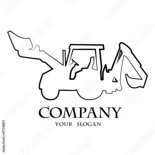 Backhoe loader. Outline drawing. Linear logo. Technics