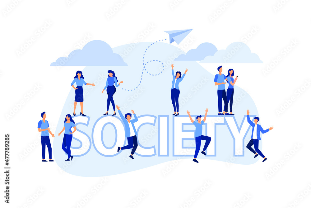 Society. Isometric social concept with people in different poses. flat Vector design illustration.