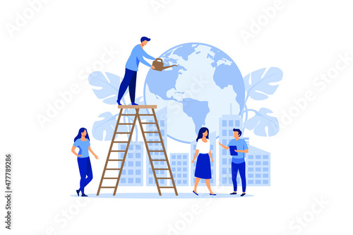 Vector flat illustration, little people are preparing for the holiday, saving the planet, World Environment Day, Bio technology, a city in the background of the planet vector