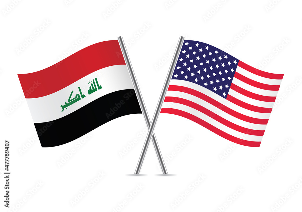 America and Iraq flags. American and Iraqi flags, isolated on white background. Vector illustration. America and Iraq flags. American and Iraqi flags, isolated on white background. Vector illustration.