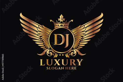 Luxury royal wing Letter DJ crest Gold color Logo vector, Victory logo, crest logo, wing logo, vector logo template.