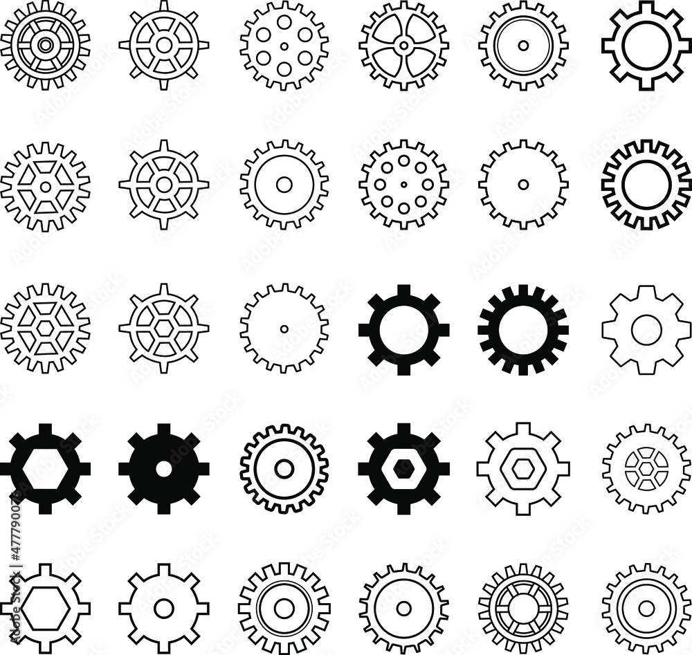 Gear. A set of different gears. Technique. Line drawing Gear. A set of different gears. Technique. Line drawing