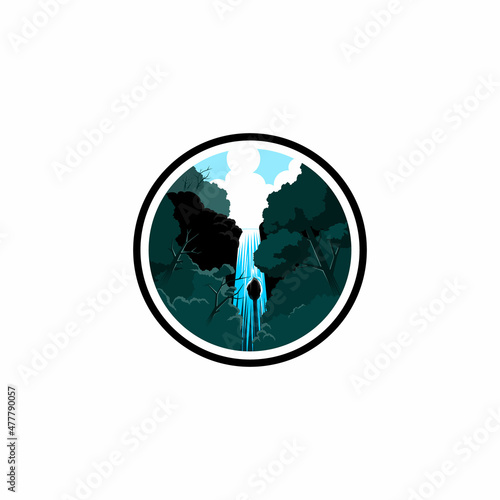 Waterfall logo in the middle of the forest. with clear water and fresh forest