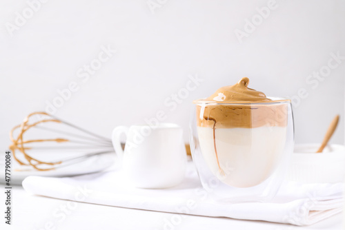 Dalgona coffee, Fluffy cream coffee whipping on cold or hot milk, Korean coffee style, Homemade food