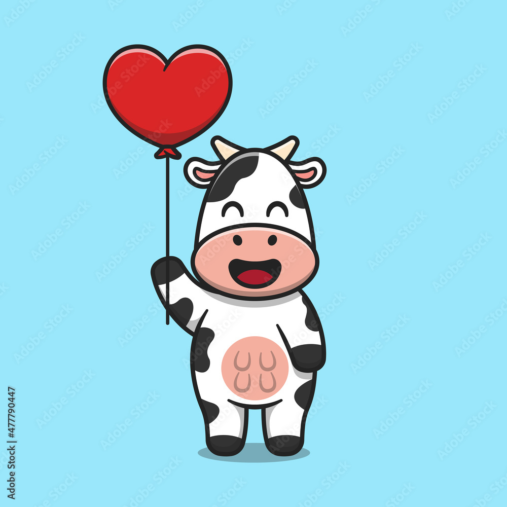 Naklejka premium Cute cow holding love balloon cartoon icon illustration