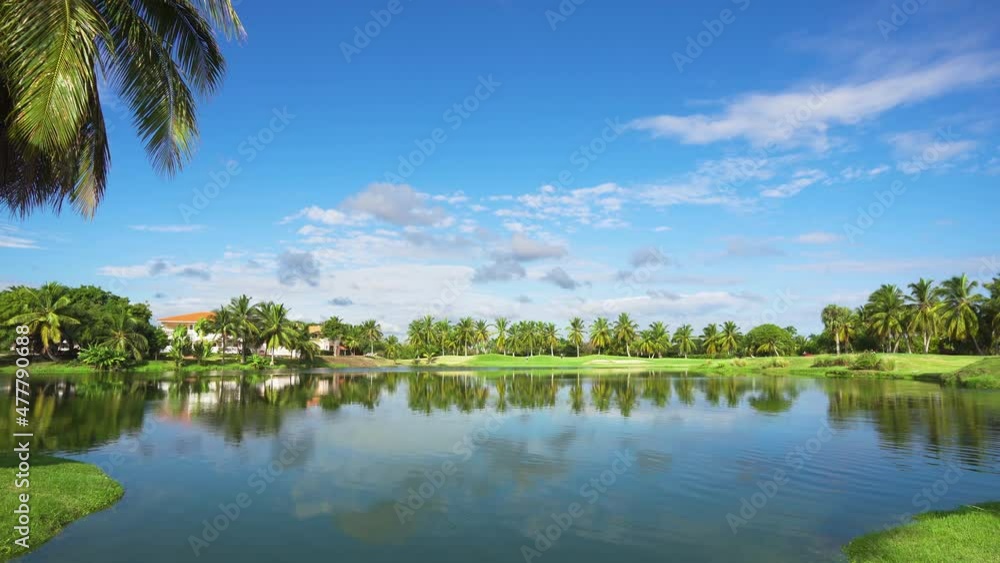 The mirror-like surface of the reservoir reflects the transparent blue sky on a sunny morning. Exotic nature with slender palms along the water's edge. Summer beautiful tropical landscape. The mirror-like surface of the reservoir reflects the transparent blue sky on a sunny morning. Exotic nature with slender palms along the water's edge. Summer beautiful tropical landscape.