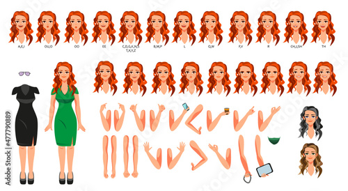 Girl in dresses to create animation. Character head with different emotions. Facial expressions with lips conveying the alphabet. Equal hand positions. Vector illustration