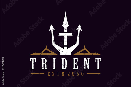 Vintage Trident Spear of Poseidon Neptune God Triton King logo design
