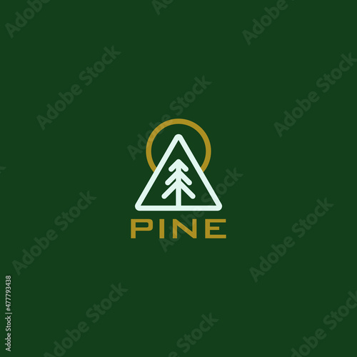 Landscape logo design with pine tree and mountain vector graphic