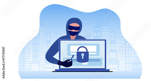 Phishing scam, hacker crime attack and personal data security concept. Hacker try to unlock the key on computer and phishing account, stealing password. cyber security vector illustration
