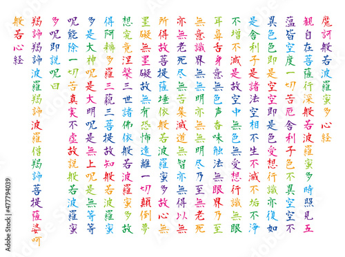 白背景で波紋模様に色を付けたカラフルな般若心経全文