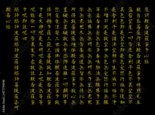 黒背景でエンボス加工した金色筆文字の般若心経全文