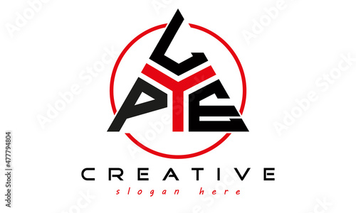 triangle badge with circle PLE letter logo design vector, business logo, icon shape logo, stylish logo template