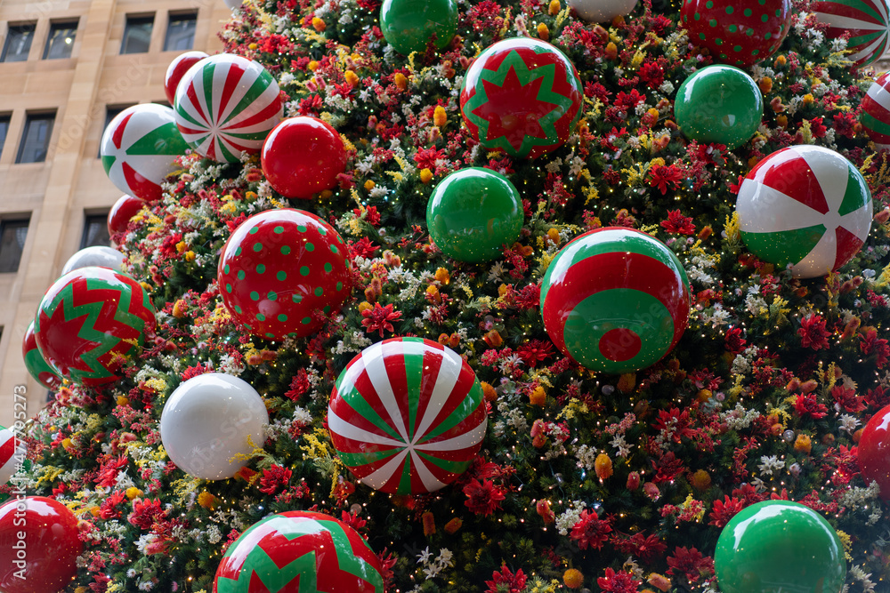 Large outdoors decorated Christmas tree in the city