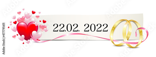Hochzeit am 22. 2. 2022, Schnapszahl Hochzeitstermin, 
Banner mit Schild, Goldene Ehe Ringe und Herzen,
Eheringe mit Liebesbotschaft eingraviert,
Vektor illustration isoliert auf weißem Hintergrund

