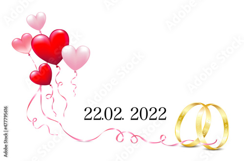 Hochzeit am 22. 2. 2022, Schnapszahl Hochzeitstermin, 
Luftballons mit Goldene Ehe Ringe und Schleife,
Eheringe mit Liebesbotschaft eingraviert,
Vektor illustration isoliert auf weißem Hintergrund
