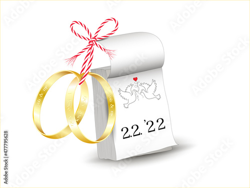 Hochzeit am 2. 2. 2022, Schnapszahl Hochzeitstermin, 
Kalender mit Goldene Ehe Ringe und Tauben,
Eheringe mit Liebesbotschaft eingraviert,
Vektor illustration isoliert auf weißem Hintergrund
