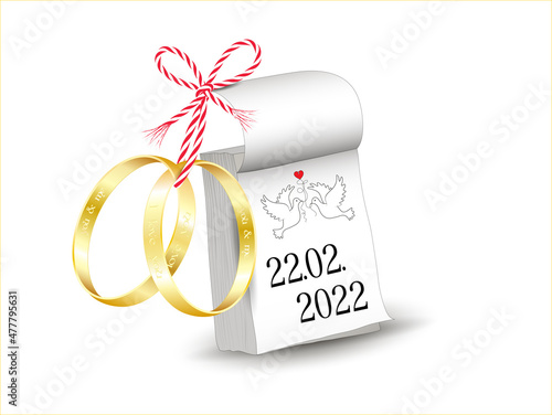 Hochzeit am 22. 2. 2022, Schnapszahl Hochzeitstermin, 
Kalender mit Goldene Ehe Ringe und Tauben,
Eheringe mit Liebesbotschaft eingraviert,
Vektor illustration isoliert auf weißem Hintergrund
