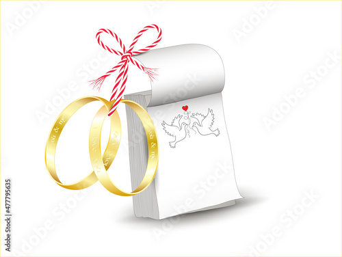 Goldene Ringe mit Termin Kalender und Tauben,
Eheringe mit Liebesbotschaft eingraviert,
Vektor illustration isoliert auf weißem Hintergrund
