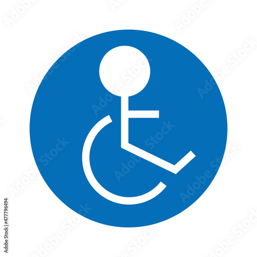 The pictogram of the wheelchair in the blue circle. Vector.