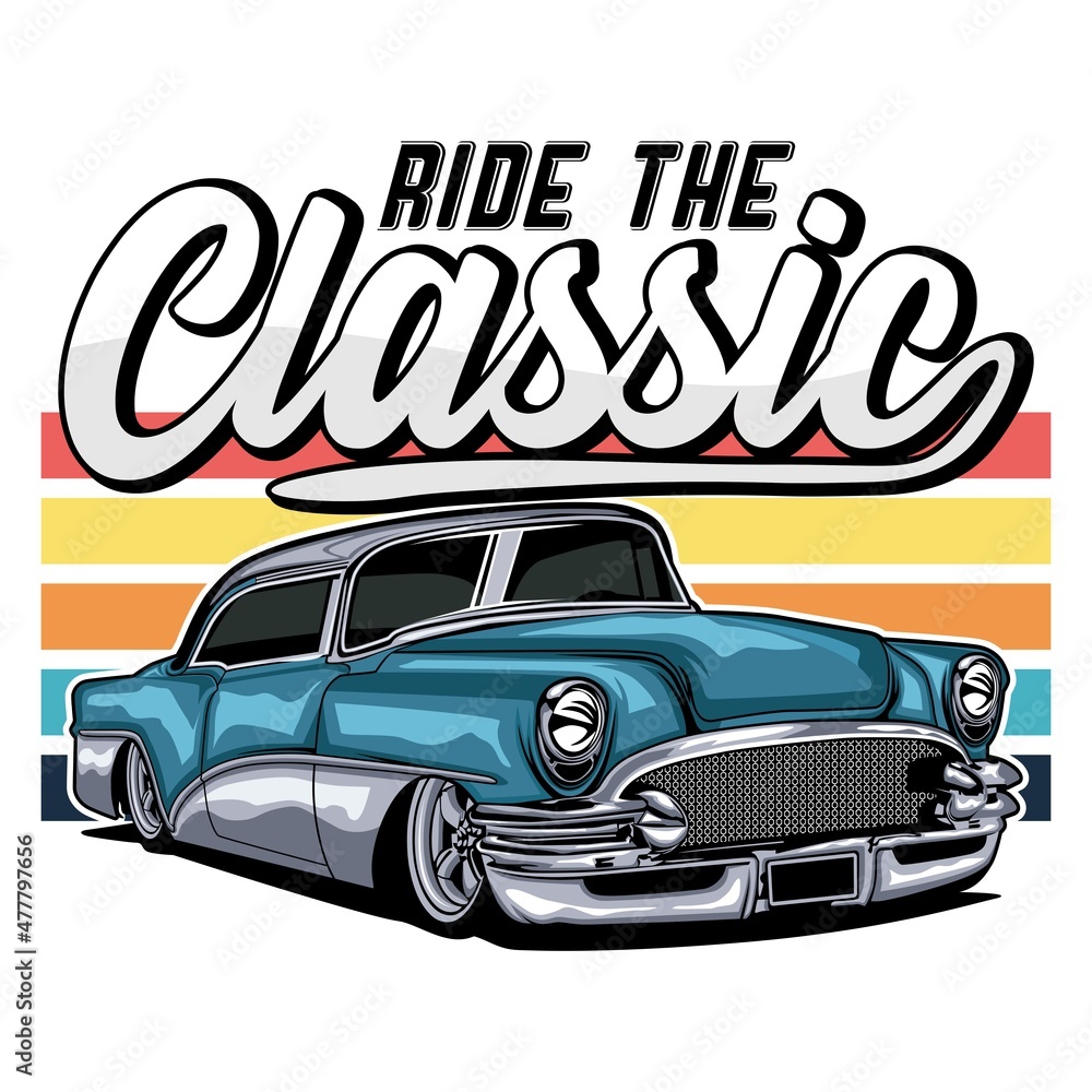 Ride the classic car full color isolated with a white background.