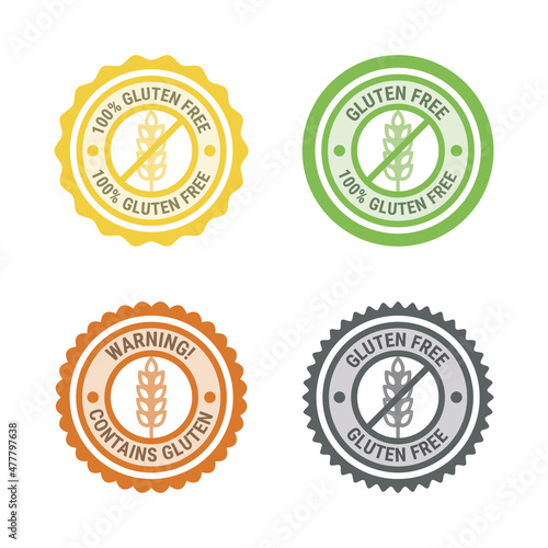 Gluten free icons, stickers. Contain gluten warning. Vector illustration.