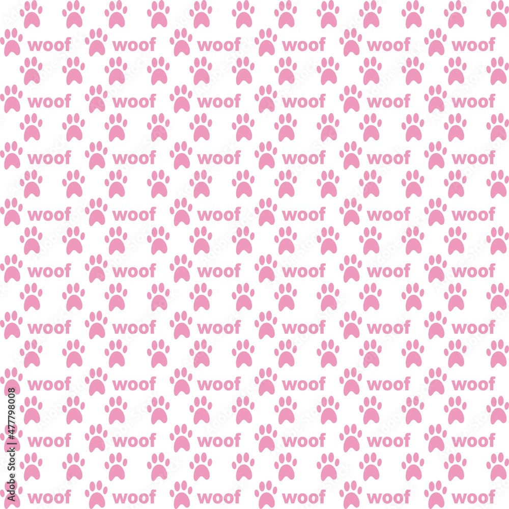 Paw print seamless pattern. Traces of Dogs Pattern and text woof. Pink silhouette on white background. Vector. Paw print seamless pattern. Traces of Dogs Pattern and text woof. Pink silhouette on white background. Vector.