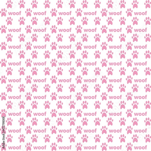 Paw print seamless pattern. Traces of Dogs Pattern and text woof. Pink silhouette on white background.  Vector.