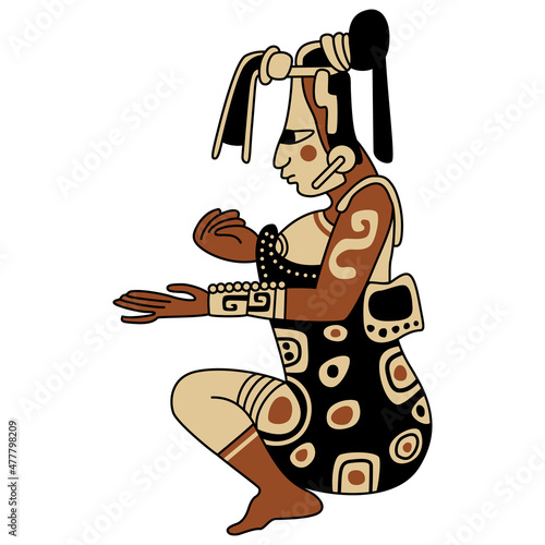 Seated indigenous Mayan man or woman. Native American art of Maya Indians. Mexico or Guatemala. Isolated vector illustration.