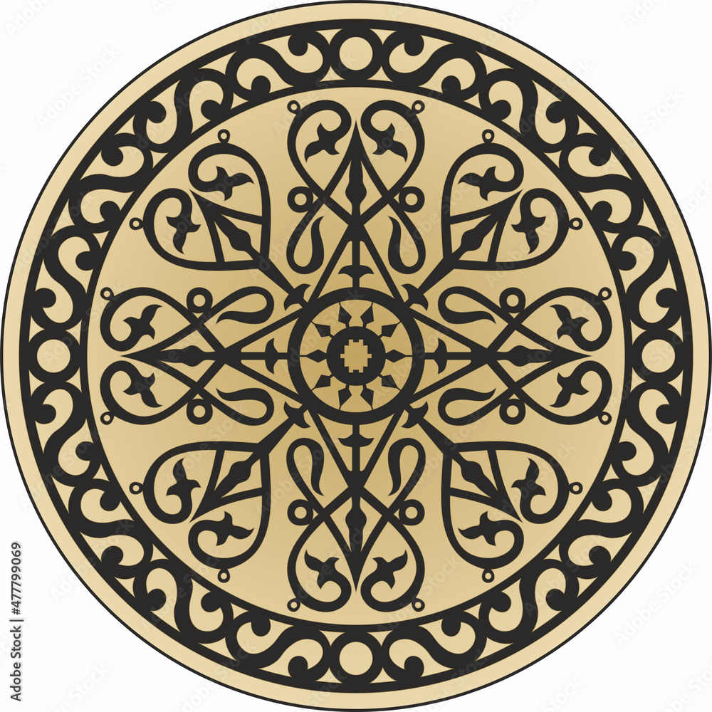 Vector golden national Yakut circle. Round pattern of the indigenous peoples of the north, tundra, Chukchi, Nenets. Ethnic ornament of Siberian people.
