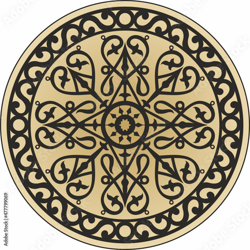 Vector golden national Yakut circle. Round pattern of the indigenous peoples of the north, tundra, Chukchi, Nenets. Ethnic ornament of Siberian people.
