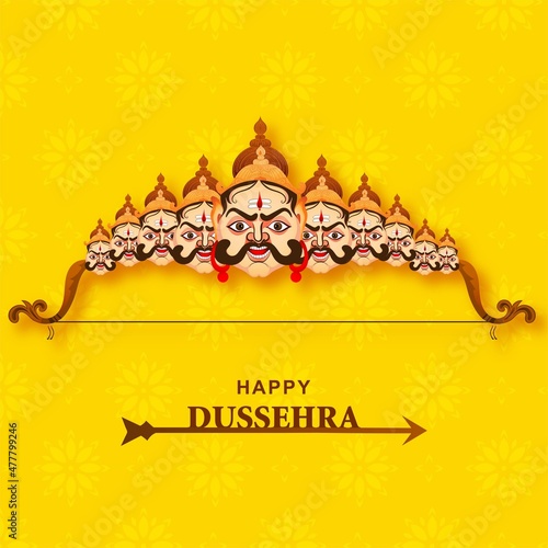 Lord Rama with arrow killing Ravana ten heads in happy dussehra background