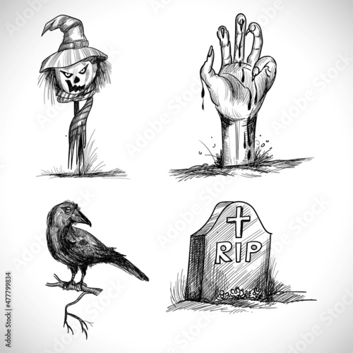 Hand drawn halloween elements sketch design