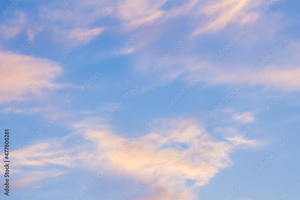 Background of blue sky with white pink clouds in sunset