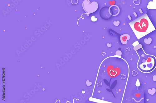 Happy Valentine's Day. Valentine day love beautiful. Hearts, Gift, flower, sweets, confetti, envelope on very peri background. Happy holidays. Love14 February paper cut concept
