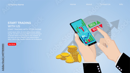 Hand holding smartphone with candlestick chart of stock sale and buy using mobile phones, market investment trading, Vector Illustration