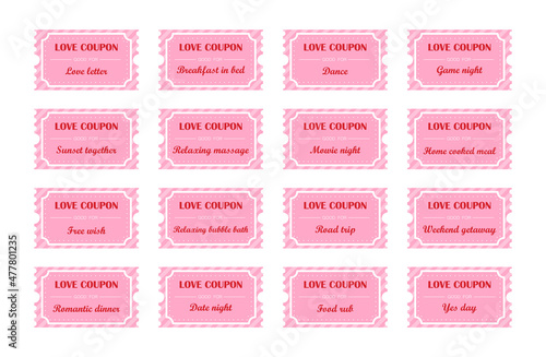 Coupon book for Valentines day. Love night tickets. Best gift for boyfriend. Present for couples. Vector cards templates in cartoon style.