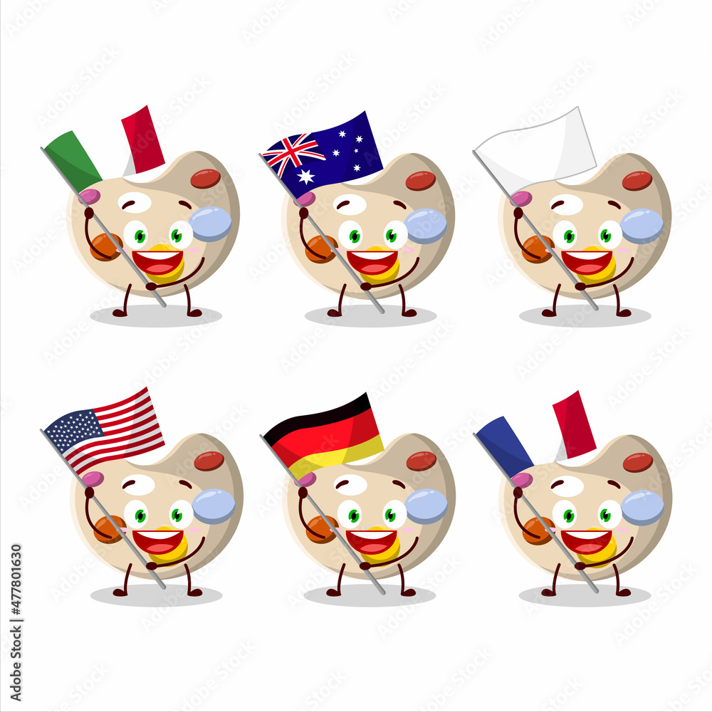 Paint palette cartoon character bring the flags of various countries Paint palette cartoon character bring the flags of various countries