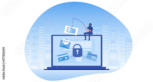 Phishing scam, hacker crime attack and personal data security concept. Hacker try to unlock the key on computer and phishing account, stealing password. cyber security vector illustration