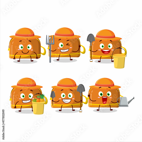 Fototapeta Naklejka Na Ścianę i Meble -  Farmer orange pencil case cute mascot character with fork