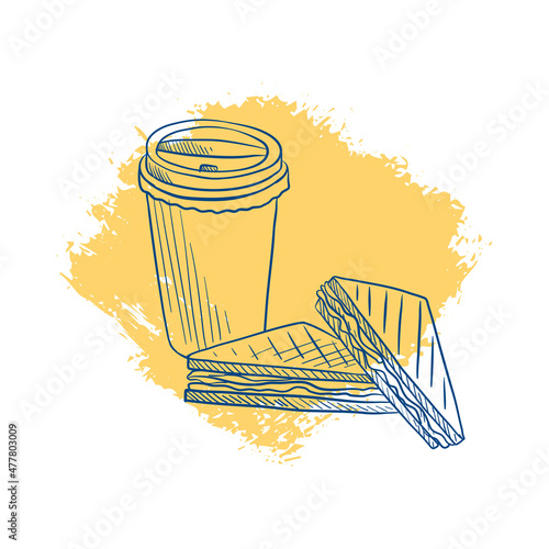 vector drawing sketch of sandwiches and disposable cup of coffee, hand drawn illustration at texture background