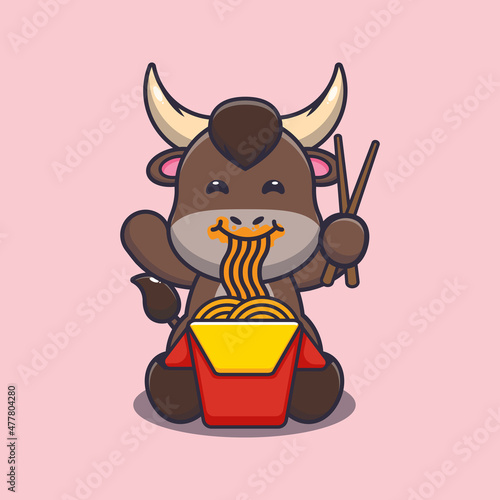 Cute bull eating noodle. Cute cartoon animal illustration.
